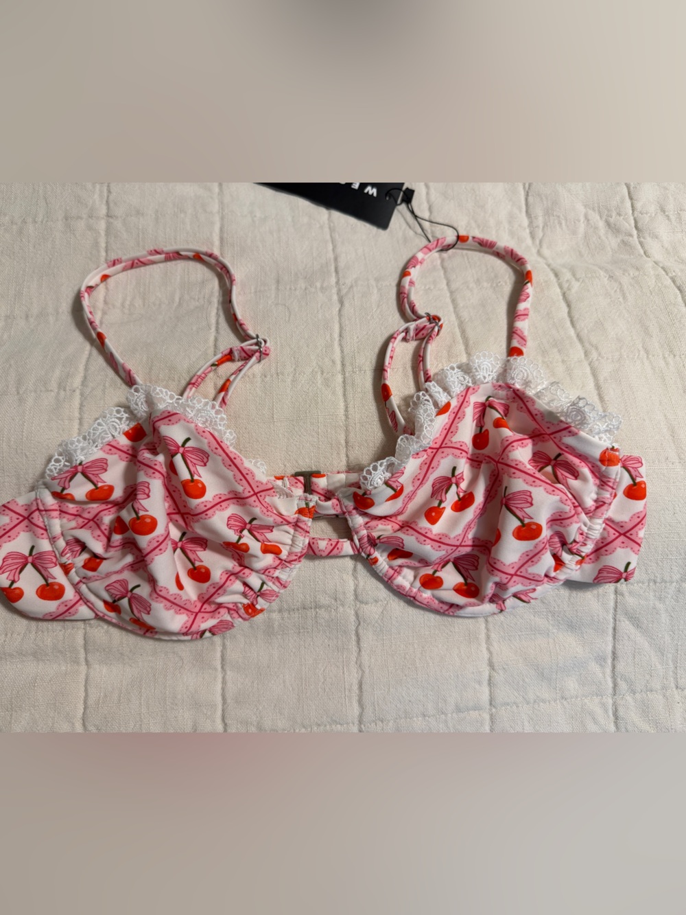 Pink Cherry Print Lace Trim swim top